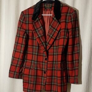Red Plaid Blazer with Velvet Collar